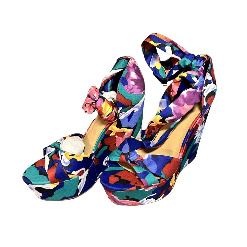 Bamboo Floral Peep Toe Wedge Platform Heels Size 9 - Picture 3 of 7